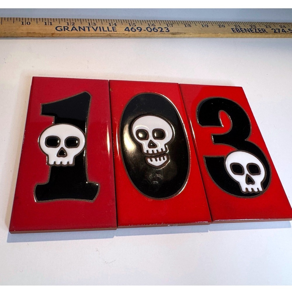 Spooky Skull House Number Tiles Italy Made Red Black Halloween Gothic Decor